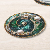 美しいアールデコターコイズパールグリッター ラウンドペーパーコースター (アングル)