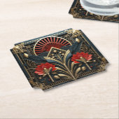 美しいアールデコレッド金ゴールドブラックエレガント ペーパーコースター (アングル)