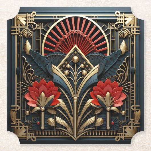 美しいアールデコレッド金ゴールドブラックエレガント ペーパーコースター (正面)