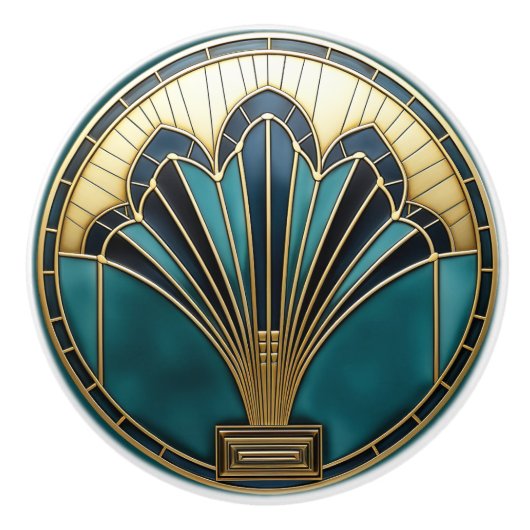 美しいアールデコ抽象芸術フローラルターコイズ金ゴールド セラミックノブ (正面)