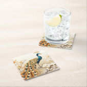 美しいアールデコ金ゴールドティール（緑がかった色）孔雀ホワイトフラワーズ スクエアペーパーコースター (インサイチュ)