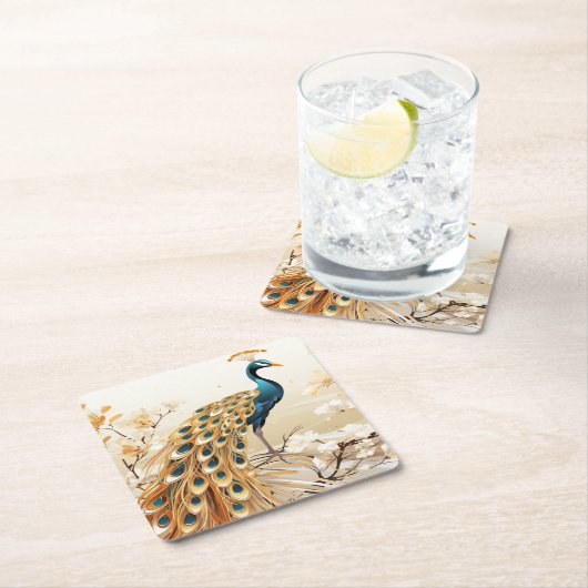 美しいアールデコ金ゴールドティール(緑がかった色)孔雀ホワイトフラワーズ スクエアペーパーコースター (インサイチュ)