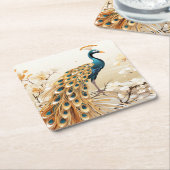 美しいアールデコ金ゴールドティール(緑がかった色)孔雀ホワイトフラワーズ スクエアペーパーコースター (アングル)