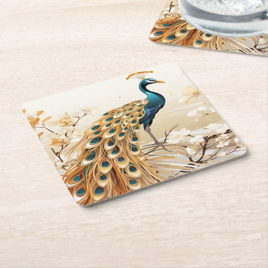 美しいアールデコ金ゴールドティール（緑がかった色）孔雀ホワイトフラワーズ スクエアペーパーコースター (アングル)