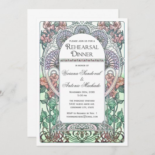 美しいアールヌーボーのリハーサルの夕食の招待状 招待状 (正面/裏面)