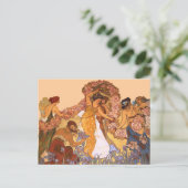 美しいアールヌーボーウィメンズアイリスとバラ ポストカード (スタンド正面)