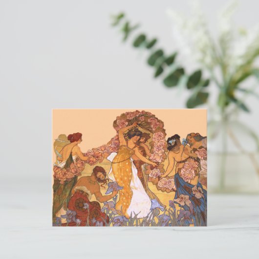 美しいアールヌーボーウィメンズアイリスとバラ ポストカード (スタンド正面)