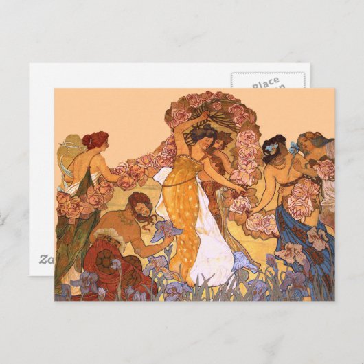 美しいアールヌーボーウィメンズアイリスとバラ ポストカード (正面/裏面)