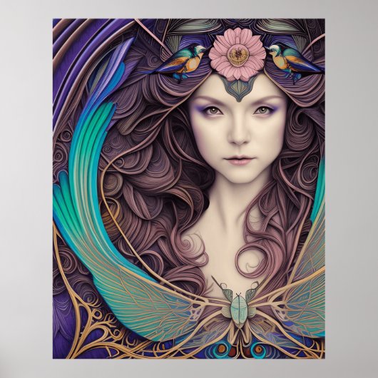 美しいアールヌーボースタイルブルーティール(緑がかった色)ポスター ポスター (正面)