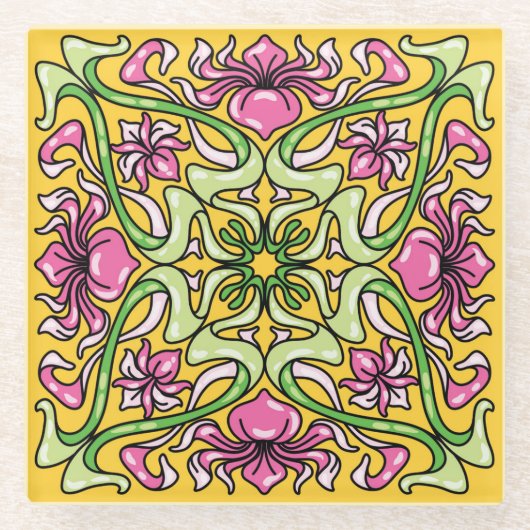 美しいアールヌーボータイルと虹彩の花 ガラスコースター (正面)