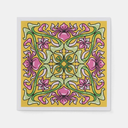 美しいアールヌーボータイルと虹彩の花 スタンダードカクテルナプキン (正面)