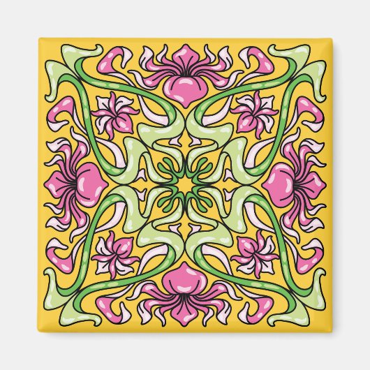 美しいアールヌーボータイルと虹彩の花 マグネット (正面)