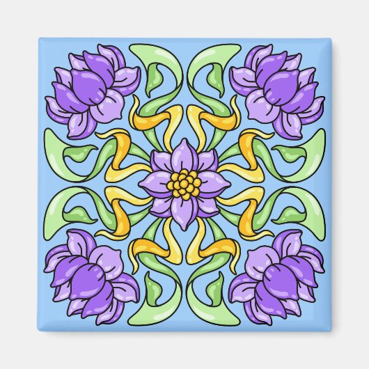 美しいアールヌーボータイル紫色の花 マグネット (正面)