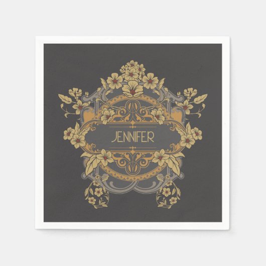 美しいアールヌーボーデザインと花 スタンダードカクテルナプキン (正面)