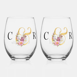 美しいイニシャルと金ゴールドアンパサンド結婚ズ ステムなしワイングラス