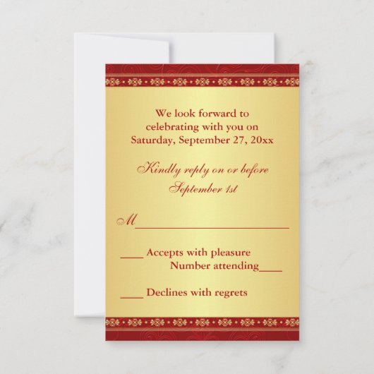 美しいインドのガネーシャ　赤と金の巻物　結婚式　出欠確認カード 出欠カード (裏面)