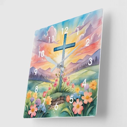 美しいイースターウォーターカラーアート スクエア壁時計 (傾斜)