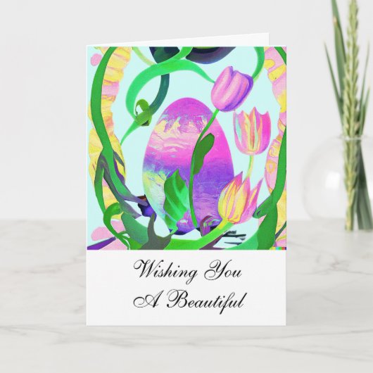 美しいイースターエッグとチューリップのイースターカード カード (正面)