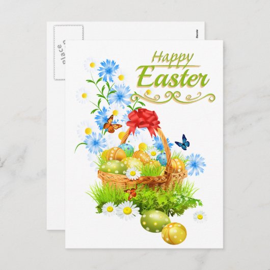 美しいイースターバスケットと春の花 シーズンポストカード (正面/裏面)