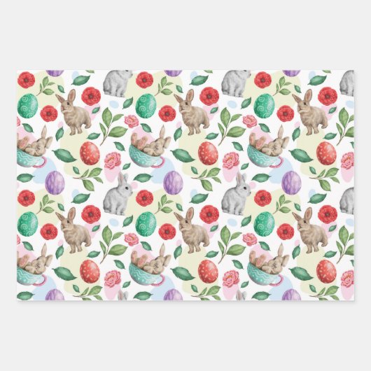 美しいイースターバニー&フラワーズ ラッピングペーパーシート (正面)