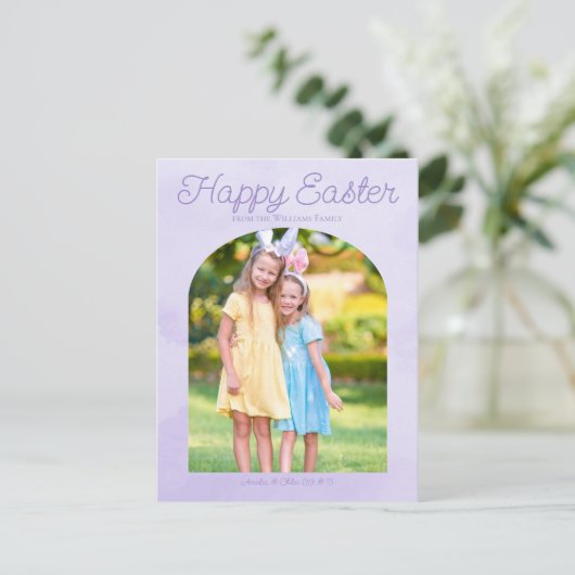 美しいイースターファミリーフォトライトパープルアーチ ポストカード (スタンド正面)