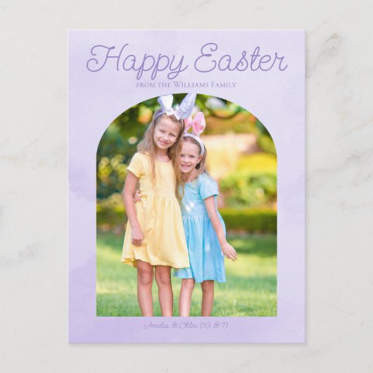 美しいイースターファミリーフォトライトパープルアーチ ポストカード (正面)