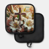 美しいイースターユリのクロス 鍋敷き (正面/裏面)