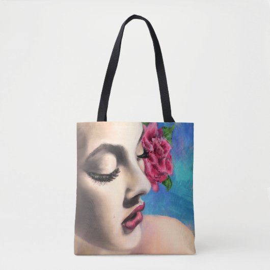 美しいウィメンズレッドローズ – オリジナル絵画ズアート トートバッグ (正面)