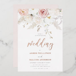 美しいウェディングフラワー実在バラ金ゴールド 箔招待状