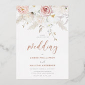 美しいウェディングフラワー実在バラ金ゴールド 箔招待状 (正面)