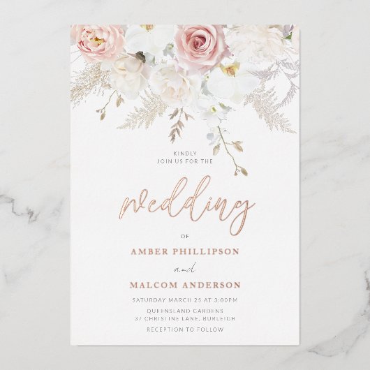 美しいウェディングフラワー実在バラ金ゴールド 箔招待状 (正面)