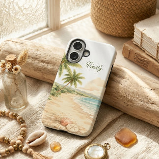 美しいウォーターカラービーチカスタムネーム iPhone 16ケース