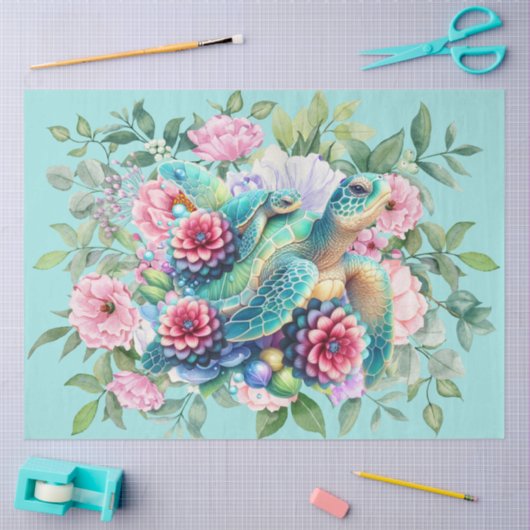 美しいウミガメと青い牡丹デコページ 薄葉紙 (クラフト)