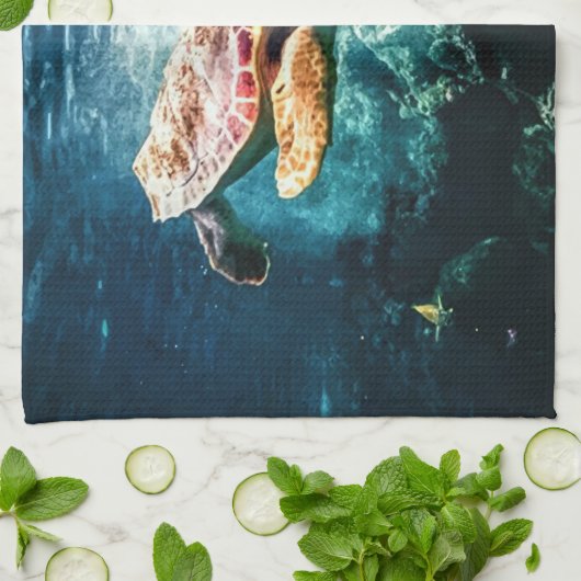 美しいウミガメの海の水中イメージ キッチンタオル (折り畳み)