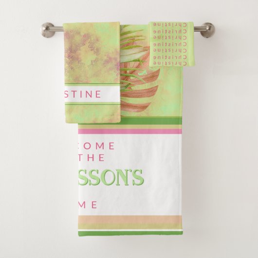 美しいエキゾチックな花オンろうけつ染めグリーンカスタム バスタオルセット (インサイチュ)