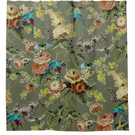 美しいエキゾチックな鳥、沼緑の背景 シャワーカーテン (正面)