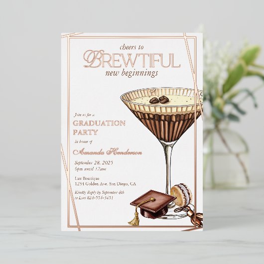 美しいエスプレッソマティーニの卒業おめでとう 箔招待状 (立ち正面)