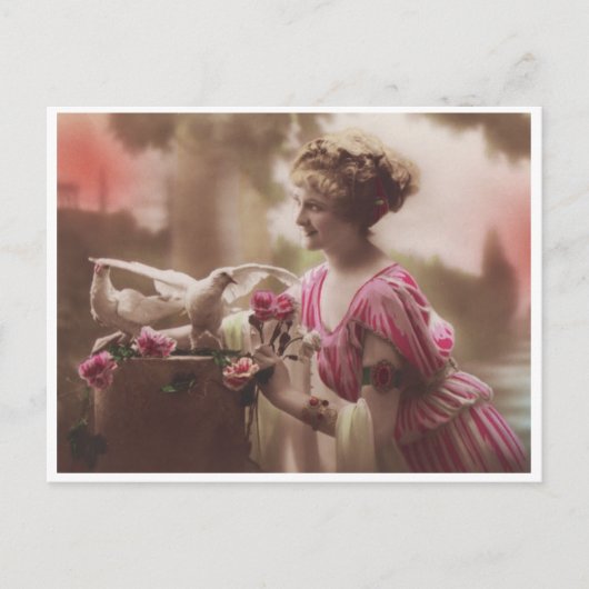 美しいエドワーディアンウーマンアンドドーヴヴィンテージグラマー ポストカード (正面)