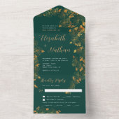 美しいエメラルドグリーンの金色の花と葉 オールインワン招待状 (内側)