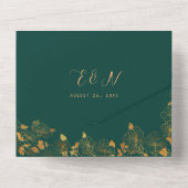 美しいエメラルドグリーンの金色の花と葉 オールインワン招待状 (裏面)