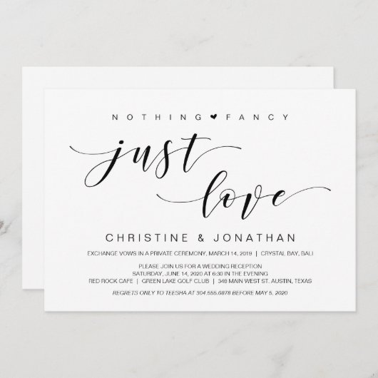 美しいエレガンス、ブラック、結婚式の秘密結婚 招待状 (正面/裏面)