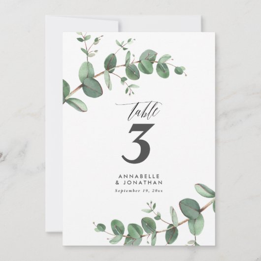 美しいエレガントなユーカリの葉のウェディングテーブル 招待状 (裏面)