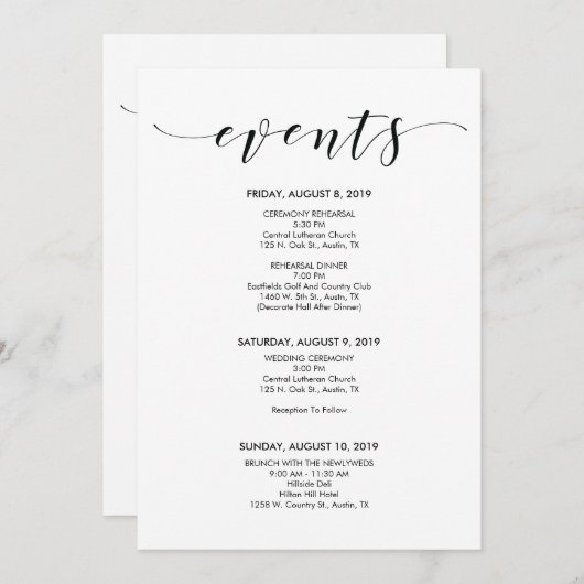 美しいエレガントな結婚式のタイムライン/スケジュールカード 招待状 (正面/裏面)