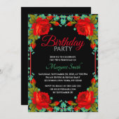 美しいエレガントな赤いバラの誕生日パーティー招待状 招待状 (正面/裏面)