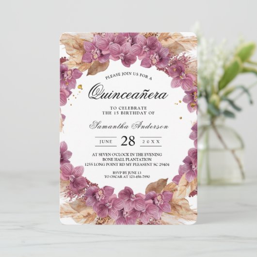 美しいエレガントピンクウォーターカラーオーキッド&パンパス 招待状 (スタンド正面)