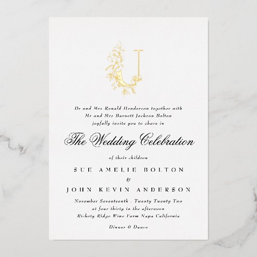美しいエレガントフローラ金ゴールドモノグラ結婚ム 箔招待状 (正面)