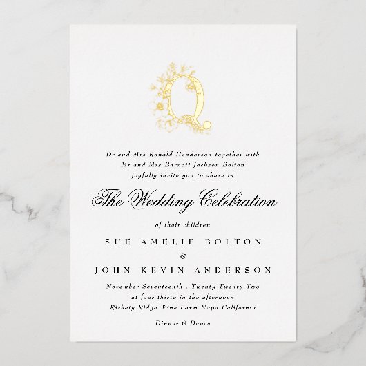 美しいエレガントフローラ金ゴールドモノグラ結婚ム 箔招待状 (正面)