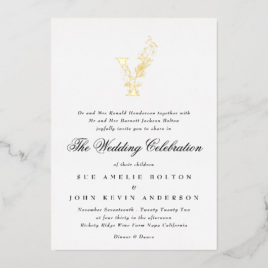 美しいエレガントフローラ金ゴールドモノグラ結婚ム 箔招待状 (正面)