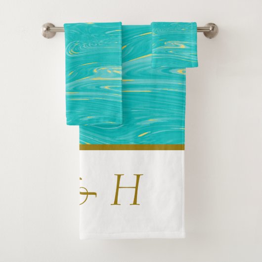 美しいエレガント大理石モダンブルーモノグラム バスタオルセット (インサイチュ)