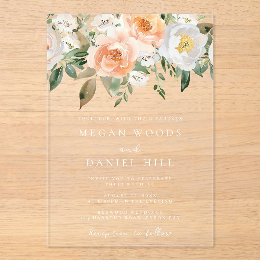 美しいエレガント桃と白のフローラ結婚ズ アクリル招待状 (正面)